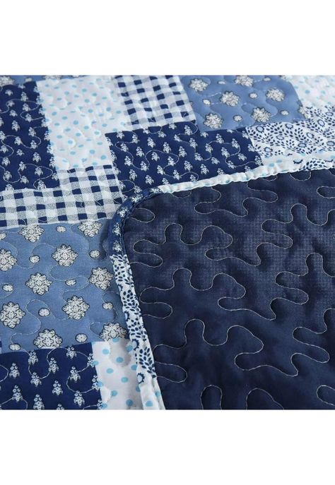 Cubrecama Quilt Reversible Queen 228x228 CM Más Fundas Almohada Azul Blanco-6