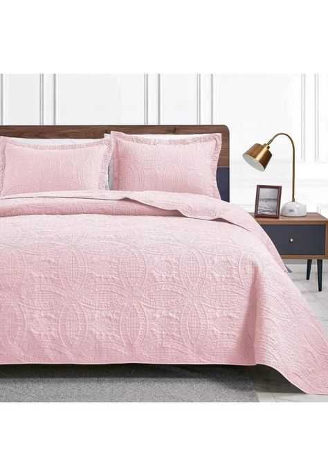 Cubrecama Quilt Reversible Queen 228x228 CM Más Fundas Almohada Rosa Blanco-3