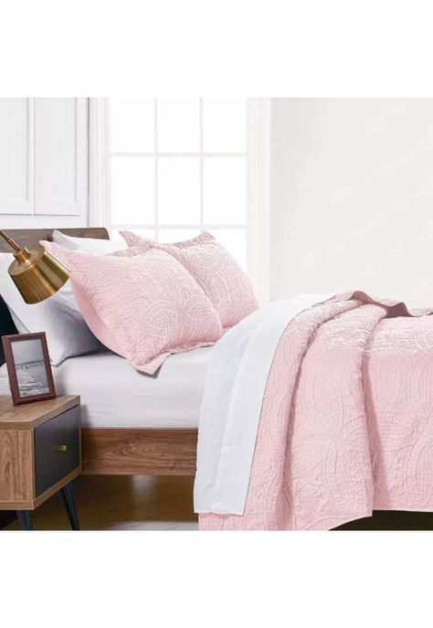 Cubrecama Quilt Reversible Queen 228x228 CM Más Fundas Almohada Rosa Blanco-4