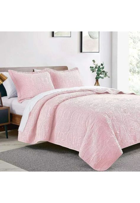 Cubrecama Quilt Reversible Queen 228x228 CM Más Fundas Almohada Rosa Blanco-1