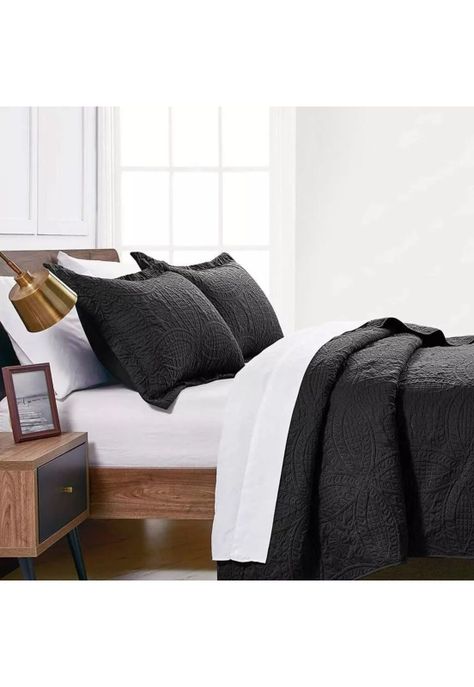 Cubrecama Quilt Reversible Queen 228x228 CM Más Fundas Almohada Negro-4