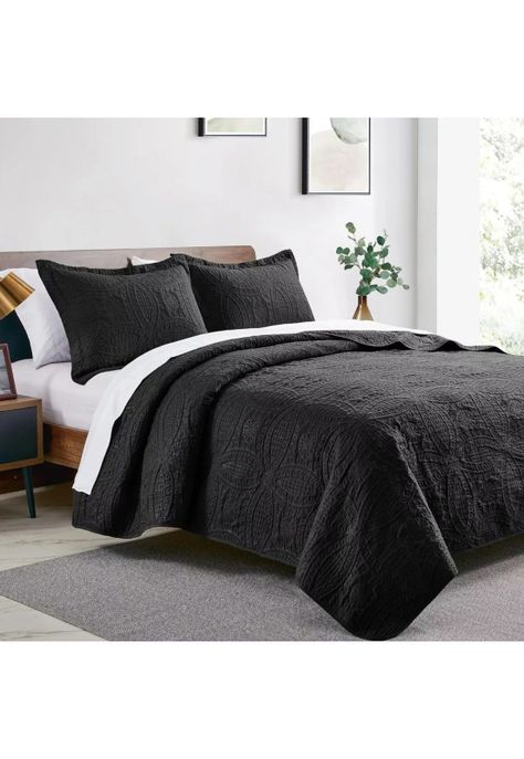 Cubrecama Quilt Reversible Queen 228x228 CM Más Fundas Almohada Negro-2