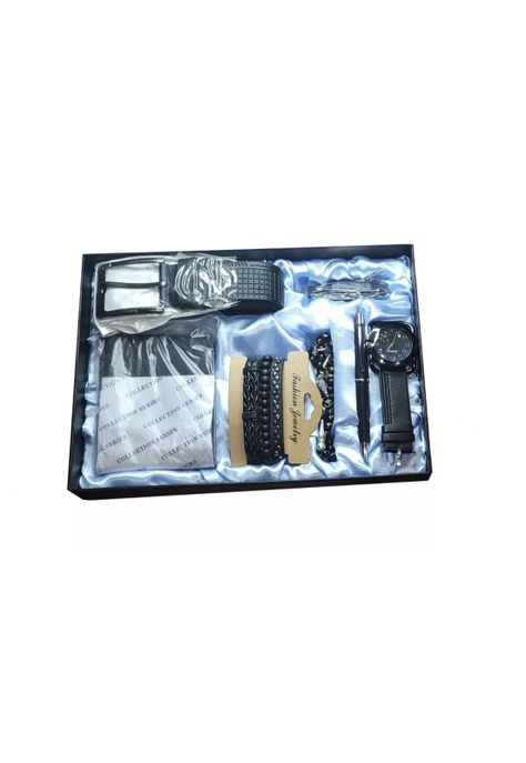 Kit Caja Regalo Hombre Cinturón 130 CM Billetera Bolígrafo Llavero Hebilla Negro-0