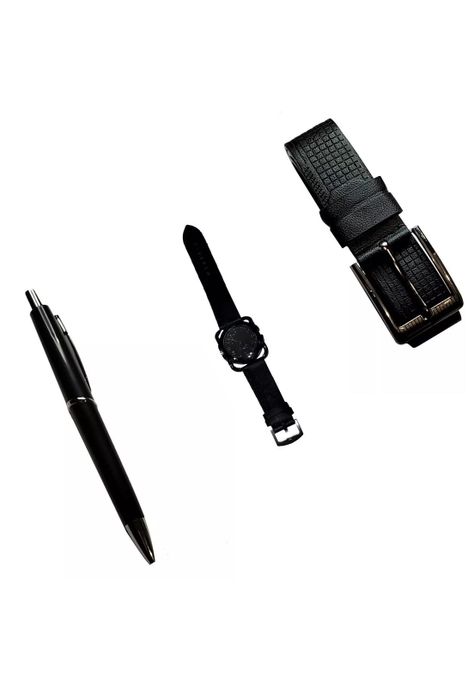 Kit Caja Regalo Hombre Cinturón 130 CM Billetera Bolígrafo Llavero Hebilla Negro-1