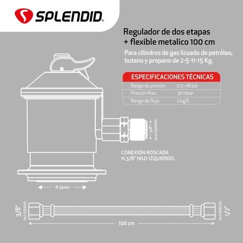 Regulador de Gas Licuado Splendid de 5-11-15kg Con Flexible-2