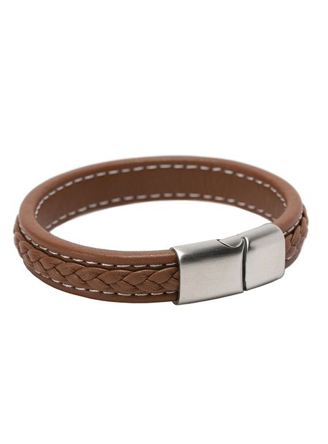 Pulsera de Cuero Beige Hombre Con Trenza y Broche Imantado-0