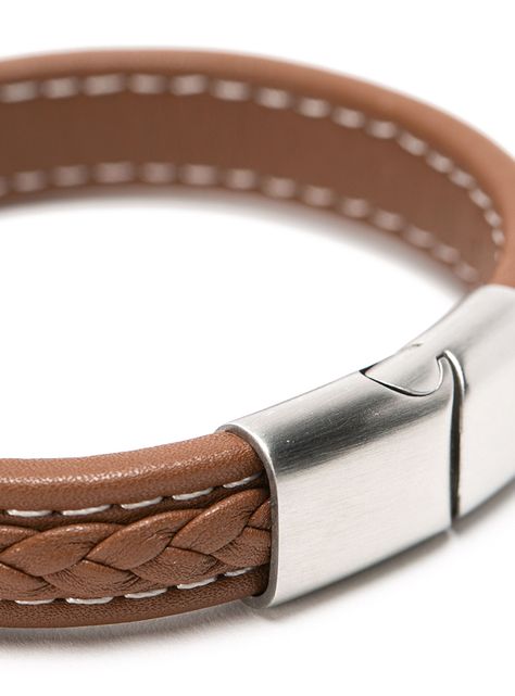 Pulsera de Cuero Beige Hombre Con Trenza y Broche Imantado-2