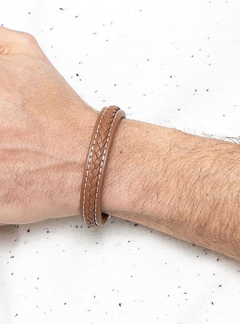 Pulsera de Cuero Beige Hombre Con Trenza y Broche Imantado-3