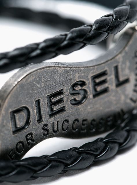 Pulsera Placa Diesel con Cuero Trenzado Azul-2