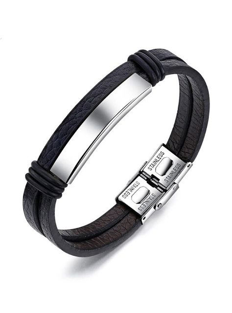 Pulsera Cuero Negro con Placa de Acero Plateada-0