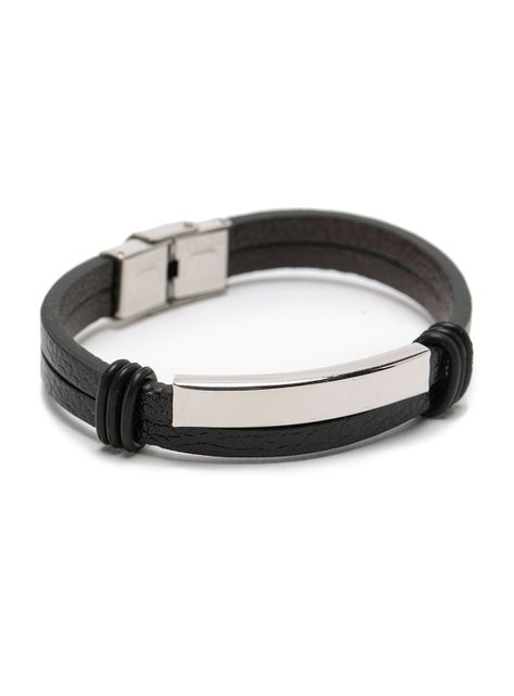 Pulsera Cuero Negro con Placa de Acero Plateada-1