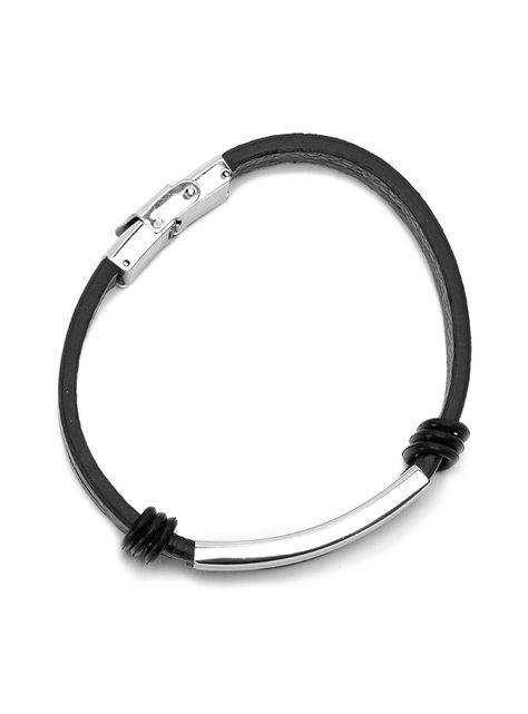 Pulsera Cuero Negro con Placa de Acero Plateada-3