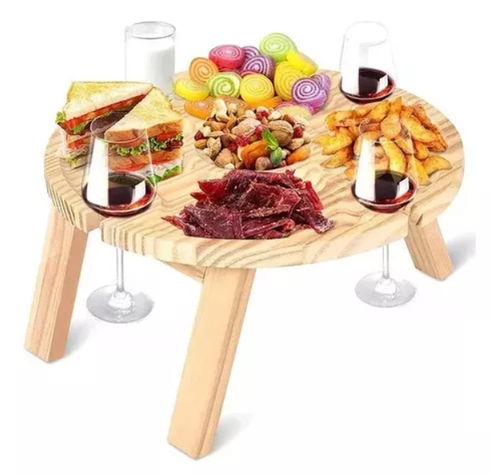 Mesa De Madera Picnic Plegable Soporte Copas Tabla Picoteo-0