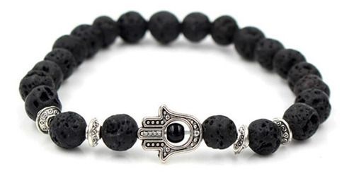 Pulsera De Hombre Mujer Mano Buda Plateado Piedra Volcanica-0