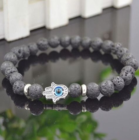 Pulsera De Hombre Mujer Mano Buda Plateado Piedra Volcanica-1