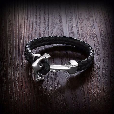 Pulsera De Caballero De Cuero Ancla  Elegante Y Juvenil 55-1