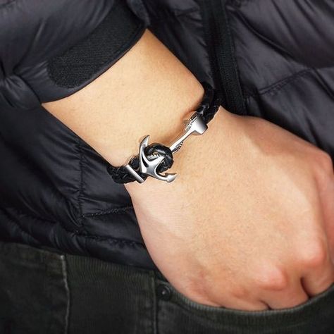 Pulsera De Caballero De Cuero Ancla  Elegante Y Juvenil 55-2