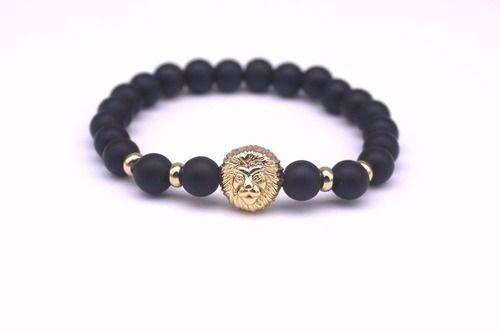 Pulsera De Hombre Mujer Leon Dorado Piedra Natural-0