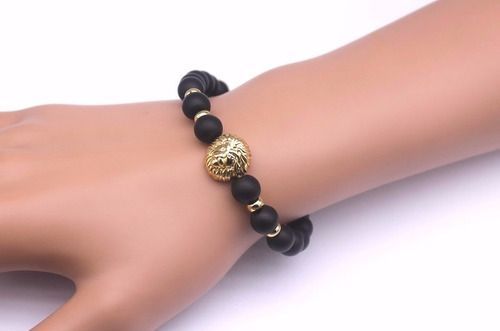 Pulsera De Hombre Mujer Leon Dorado Piedra Natural-1