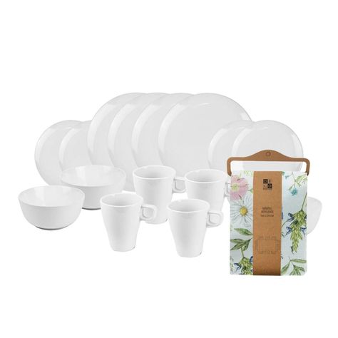 Set Juego de loza Cerámica 16 piezas Vajilla Blanca y Mantel antimanchas Primavera 130x180-0
