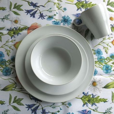 Set Juego de loza Cerámica 16 piezas Vajilla Blanca y Mantel antimanchas Primavera 130x180-1