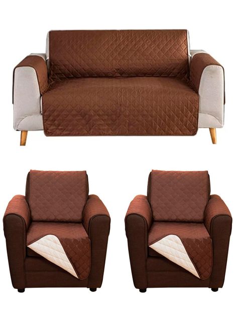 Set 3 cobertores de sofa café reversible-0