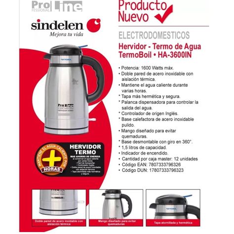 Termo Hervidor De Agua Sindelen Ha-3600 1,5lt 1600w Inoxidab-4