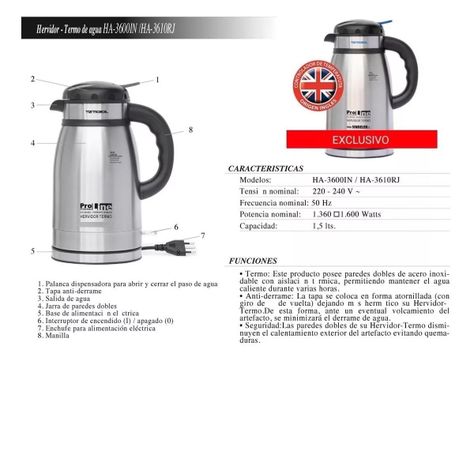 Termo Hervidor De Agua Sindelen Ha-3600 1,5lt 1600w Inoxidab-5