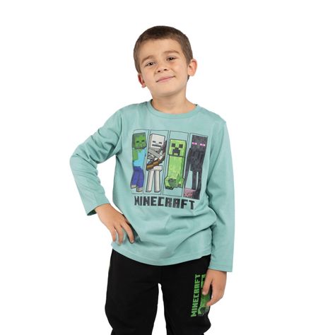Polera Manga Larga Niño Logo Personajes Verde Minecraft-0