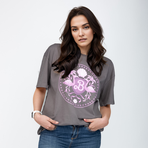Polera Mujer Barbie Letras Rosa Gris Barbie-0