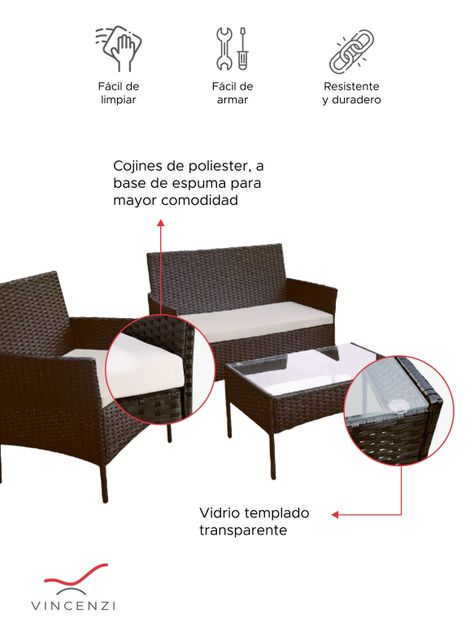 Set Juego De Terraza 4pcs Mesa Sillas Sillon Rattan Vincenzi-4