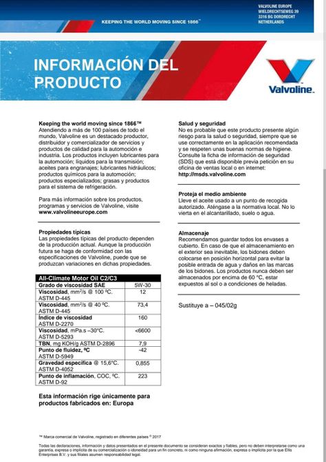 ACEITE MOTOR VALVOLINE 5W30 C2/C3 TOYOTA HYUNDAI NISSAN KIA 4 LITROS-2
