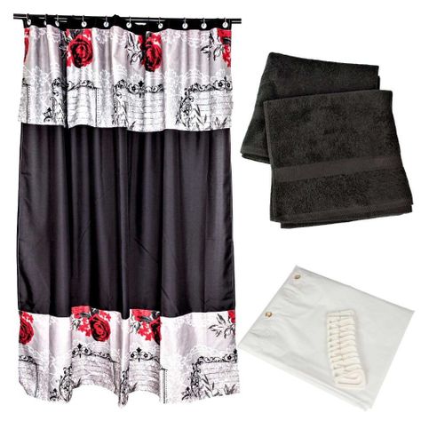 Set  Cortina Baño Rosas Bicolor Negro  +Juego de Toallas Negro -0