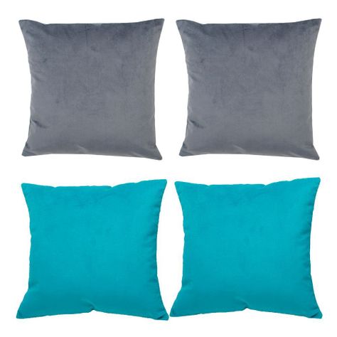 Set 4 Cojines combinados  40X40  Felpa velvet  Gris  y Turquesa-0