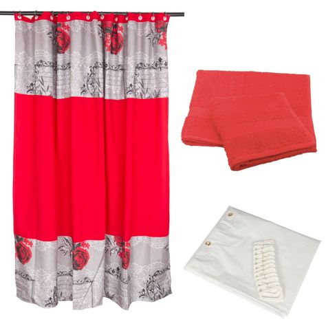 Combo Cortina Baño Rosas Bicolor Rojo + Juego de Toallas Rojo-0