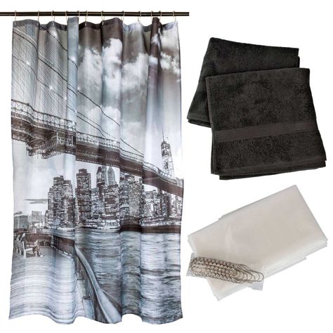 Set  Cortina Baño Brooklyn  + Juego de Toallas Negro-0
