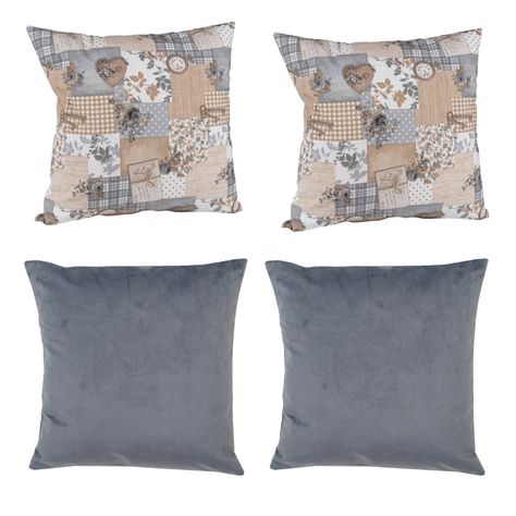 Set 4  Cojines Tela  40x40   Lona Patchwork  y Felpa Gris-0