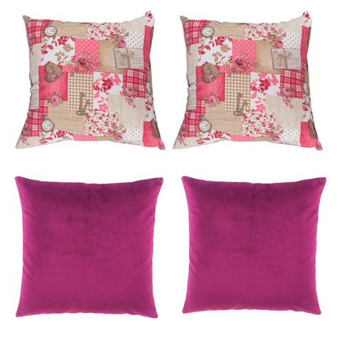 Set 4  Cojines Tela  40x40   Lona Patchwork   y Felpa  Burdeo-0