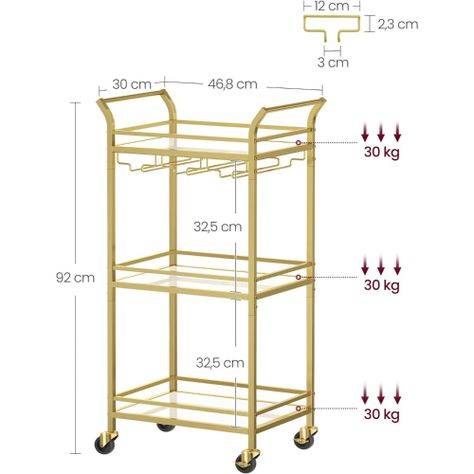 Carro Auxiliar Organizador Bar Cocina 3 Niveles Dorado Reika-2