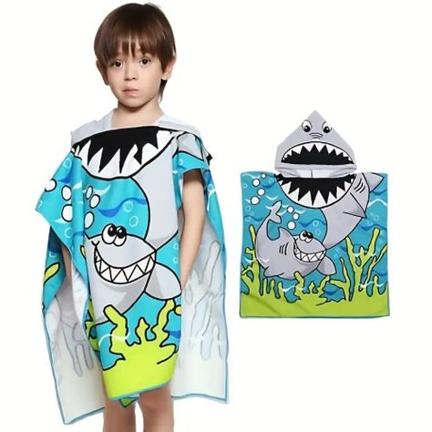 Toalla de Playa Infantil con Capucha Tiburon Azul-1