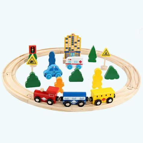 Pista Autos y Trenes de Madera Juguete Didáctico 26 pzas-0