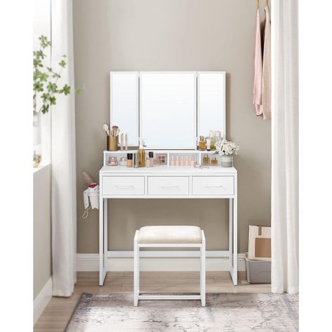 Mueble Tocador Blanco Organizador con Espejo y Banca Satra-1