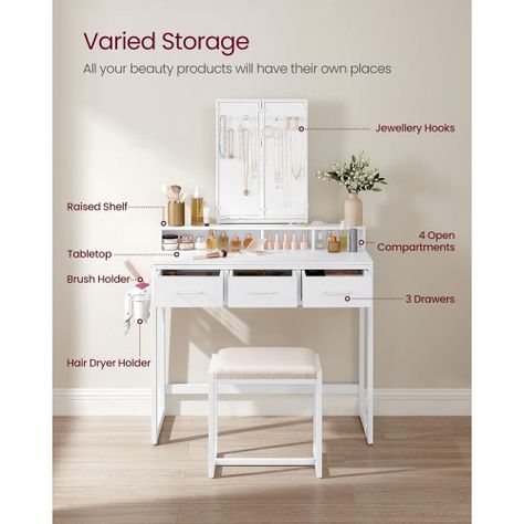 Mueble Tocador Blanco Organizador con Espejo y Banca Satra-2