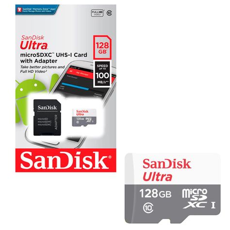 Tarjeta De Memoria MicroSD 128Gb Sandisk + Adaptador 100mb/s-0