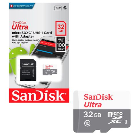 Tarjeta De Memoria MicroSD 32Gb Sandisk + Adaptador 100mb/s-0