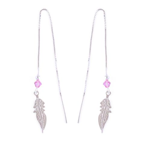 Aros De Plata 925 Plumas Con Cristal Rosa - MABELITA-0