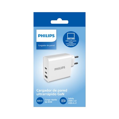 Cargador Philips 65W Carga Ultra Rápida 3 Puertos 2 USB-C + 1 USB-A-3