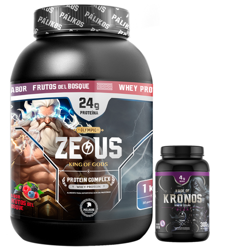 Proteina Zeus Complex 1kg Sabor Frutos del bosque + BCAA Kronos 600g Sabor Uva-0