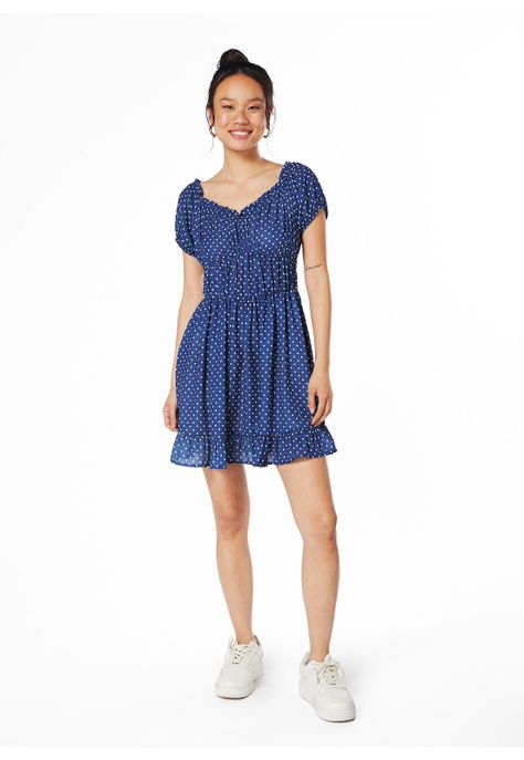 VESTIDO ROCHE BARDOT ESPALDA ELASTICADA AZUL-0