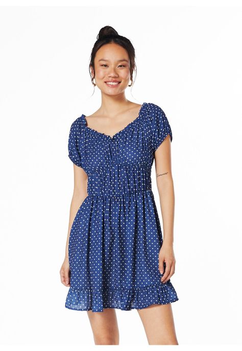 VESTIDO ROCHE BARDOT ESPALDA ELASTICADA AZUL-1